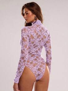 SHEIN BAE 女士花卉蕾丝立领长袖透视性感连体衣 - 淡紫色 - 查看 2