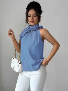 Balvessa Elegant Ruched Sleeveless Blouse, Suitable For Summer - Baby Blue - View 5