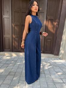SHEIN PETITE Women's Solid Color Round Neck Backless Sleeveless Denim Jumpsuit - Blue - View 7