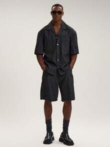 Musero Short Sleeve Dropped Shoulder Boxy Fit Revere Collar Button Through Shirt Style Denim Top Spring Summer Essentials - Black and White - View 5