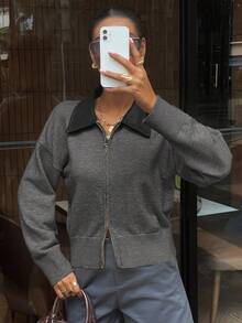 DAZY 女士休闲PU皮革拼接拉链开衫毛衣，秋冬款 - 深灰色 - 查看 4