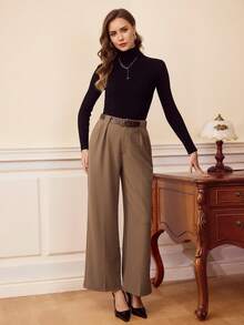 Vintamour 复古经典优雅女士长裤，修身腰带，咖啡色，带口袋，秋冬款 - 咖啡棕 - 查看 5