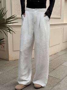 Livesso Women's Casual Everyday Commute Simple Versatile Solid Color High Waist Pleated Loose Wide Leg Pants - White - View 5