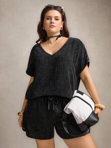 Comfylo 2pcs/Set Plus Size Dark Green Summer Outfits,Smart Casual Button Decor Top And Elastic Waist Shorts Set,Versatile Vacation Lounge Wear For Women - Black - View 7