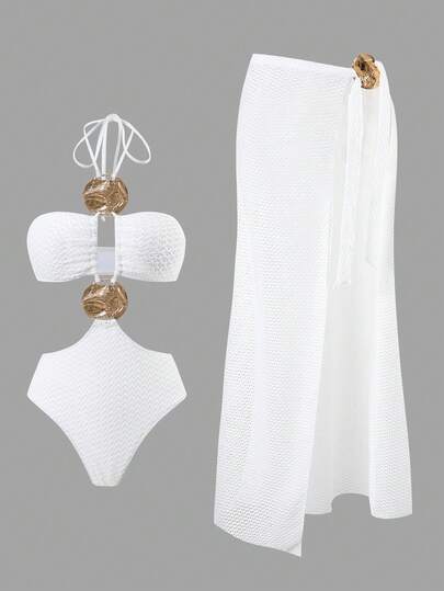 Swim Oasis Women's Solid Color Halter Backless Metal Decor One-Piece Swimsuit With Sarong Skirt, Suitable For Beach Vacation