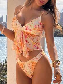 Swim Vcay Bộ 2 món bikini nữ in họa tiết, vạt bất đối xứng, hở lưng, dây mảnh, thích hợp cho bãi biển và kỳ nghỉ, mùa xuân/hè. - Nhiều màu - Xem 5