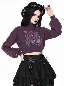 ROMWE Goth Suéter corto de cuello alto en color oscuro para mujer, blusa de punto con mangas abullonadas y estampado jacquard de piel de serpiente y mariposa vintage, otoño/invierno - Morado - Ver 7