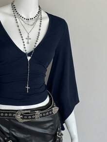 EgrlEra 女士纯色V领休闲百搭日常长袖T恤 - 寶藍色 - 查看 4