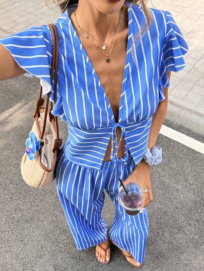 Pariaura 2pcs Set: Ruffled V-Neck Cinched Waist Top + Wide Leg Pants, Striped Outfit, Casual/Work Wear, Flattering Silhouette, Elegant Tie-Waist Ruffled Striped Blouse & Wide Leg Pants Set