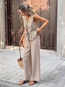 Breezaya 夏季时尚百搭都市商务办公通勤情人节约会派对海滩休闲优雅经典吊带蝴蝶结肩带开衫上衣和条纹裤女两件套 - 棕色 - 查看 8