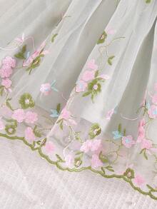 SHEIN Newborn Baby Girl Elegant Floral Embroidered Mesh Short Sleeve Princess Dress - Green - View 4