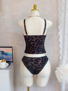 Bonvoyette 2pcs Women's Leopard Print V-Neck Camisole & Tankini Set, Casual Vacation Mature Style, Adjustable Straps, Slimming Design, Summer - Multicolor - View 7