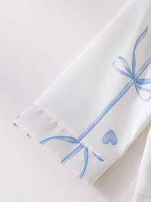 SHEIN 2pcs Baby Girls' Casual Butterfly & Ribbon Print Long Sleeve Top And Pants Homewear Set, Pink Baby Pj Set - Blue and White - View 6