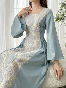 SHEIN Đầm xòe tay ngắn dáng chữ A bằng vải satin jacquard màu xanh dương sang trọng dành cho thiếu nữ. - Màu xanh lam - Xem 3