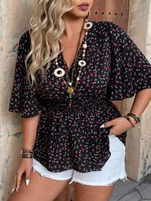 Ceyna 大码V领交叉喇叭袖短袖蝴蝶袖松紧腰宽松下摆女式衬衫 V领女式衬衫 女士夏季衬衫 波西米亚风衬衫 波西米亚风女式上衣 碎花上衣 樱桃图案女式上衣 波西米亚风女装上衣 波西米亚风女式衬衫 波西米亚风夏季上衣 - 黑色 - 查看 6