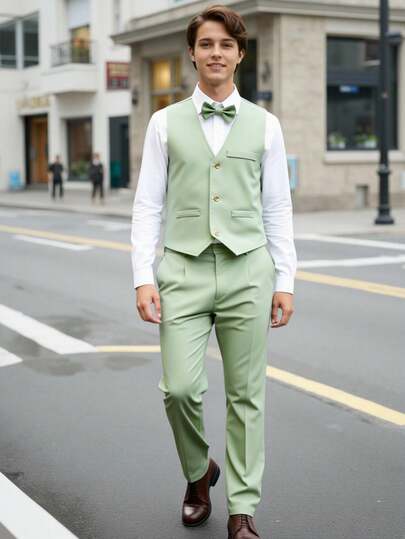 SHEIN 男童纯色单排扣马甲、长袖衬衫和长裤绅士西装套装