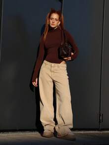 SILVIA DI SANTO 水洗低腰宽松牛仔裤，90年代Y2K春季休闲风，适合夏季、音乐会、假日、秋季、冬季、纳什维尔、秋季、返校季、办公室、感恩节等场合的时尚穿搭 - 卡其色 - 查看 1