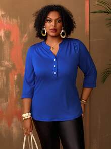 EMERY ROSE Áo thun cổ chữ V màu trơn cỡ lớn, kiểu dáng thường ngày, thích hợp cho kỳ nghỉ/mùa hè/mùa xuân, áo sơ mi cài nút cỡ lớn màu xanh dương, áo nữ cỡ lớn, áo kiểu thường ngày cỡ lớn. - Xanh đậm - Xem 5