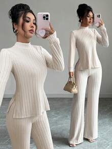 Elenzga 2pcs Women Casual Long Sleeve T-Shirt And Pants Set, Thermal Lined, Autumn/Winter - Apricot - View 7