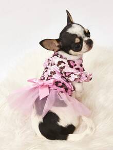 PETSIN 1pc Velvet Leopard Splice Tulle Ruffle Collar Dog Dress For Dogs, Fashion Pet Apparel