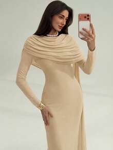 Aloruh Women's Solid Color Pleated Ruffle Elegant Slim Dress - Beige - View 3