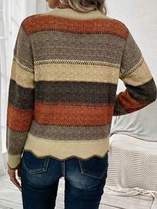 EMERY ROSE Women's Casual Elegant V-Neck Sweater, Brown Earth Tone Contrast Stripe Pattern, Vintage, Academic, Classic, Suitable For Early Spring, Autumn, Winter, Work, Walking, Park, Mom Gift - Multicolor - View 2