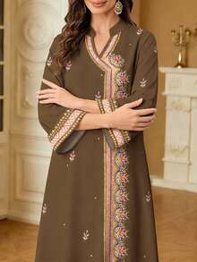 SHEIN Najma Women's Shiny Faux Diamond Print V-Neck Long Sleeve Dress, Elegant For Spring/Summer - Multicolor - View 3