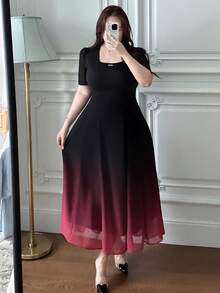 Dazy Plus Plus Size Elegant Gradient Color Design Bodycon Square Neck Short Sleeve Midi Dress, Suitable For Party And Commute, Spring/Summer Sundress - Black - View 5