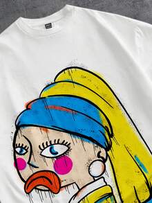 Manfinity ZONE917 超大趣味彩色涂鸦蒙娜丽莎无言图案印花白色短袖T恤，适合夏季穿着，送给男友或自己的个性礼物（高品质） - 白色 - 查看 2