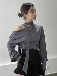 DAZY Solid Asymmetrical Neck Drop Shoulder Blouse With Tie,Long Sleeve Tops - Grey - View 1
