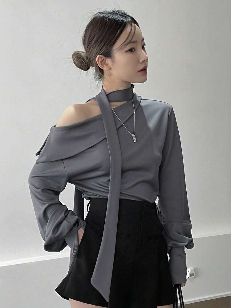 Solid Asymmetrical Neck Drop Shoulder Blouse With Tie,Long Sleeve Tops