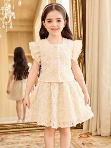 女童優雅圓領荷葉袖3D花卉布料上衣與裙子套裝 - 杏色 - 查看 4