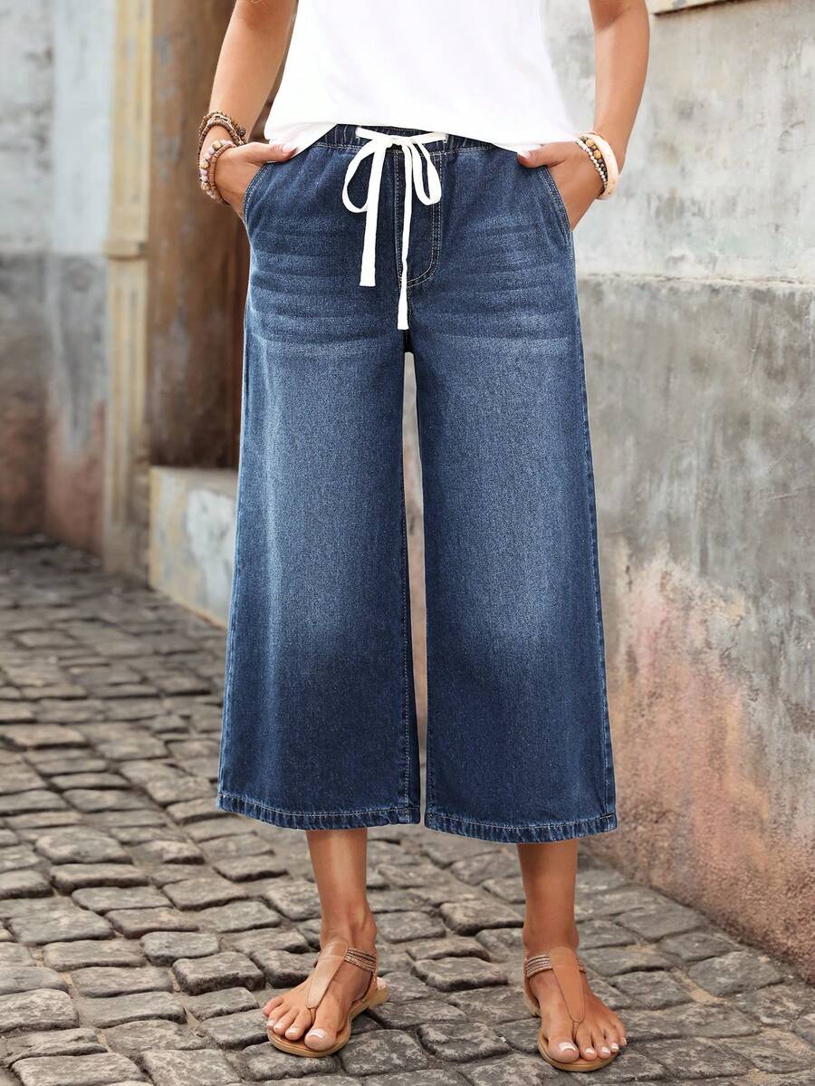 EMERY ROSE Women's Drawstring Waist Pockets Casual Wide Leg Loose 7/8 Length Jeans Baggy Jeans - Blue - View 1