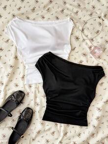 SHEIN 2pcs/Set Teen Girls Black & White Knit Casual Ruched Asymmetric Shoulder Fitted Cropped Versatile Tops - Black and White - View 4