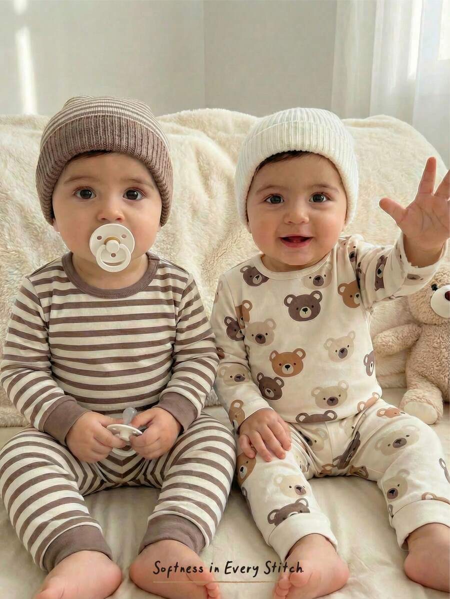 Cozy Pixies 4件套婴儿男女童贴身睡衣套装，卡通熊图案和条纹印花，柔软针织圆领长袖上衣和松紧腰长裤，弹性面料，四季皆宜