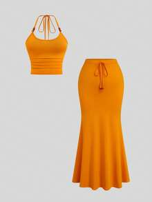 Sweetra Bộ đồ hai mảnh cỡ lớn kiểu dáng nghỉ dưỡng, dây mảnh, vạt đuôi cá, thích hợp cho mùa xuân/hè. - trái cam - Xem 1