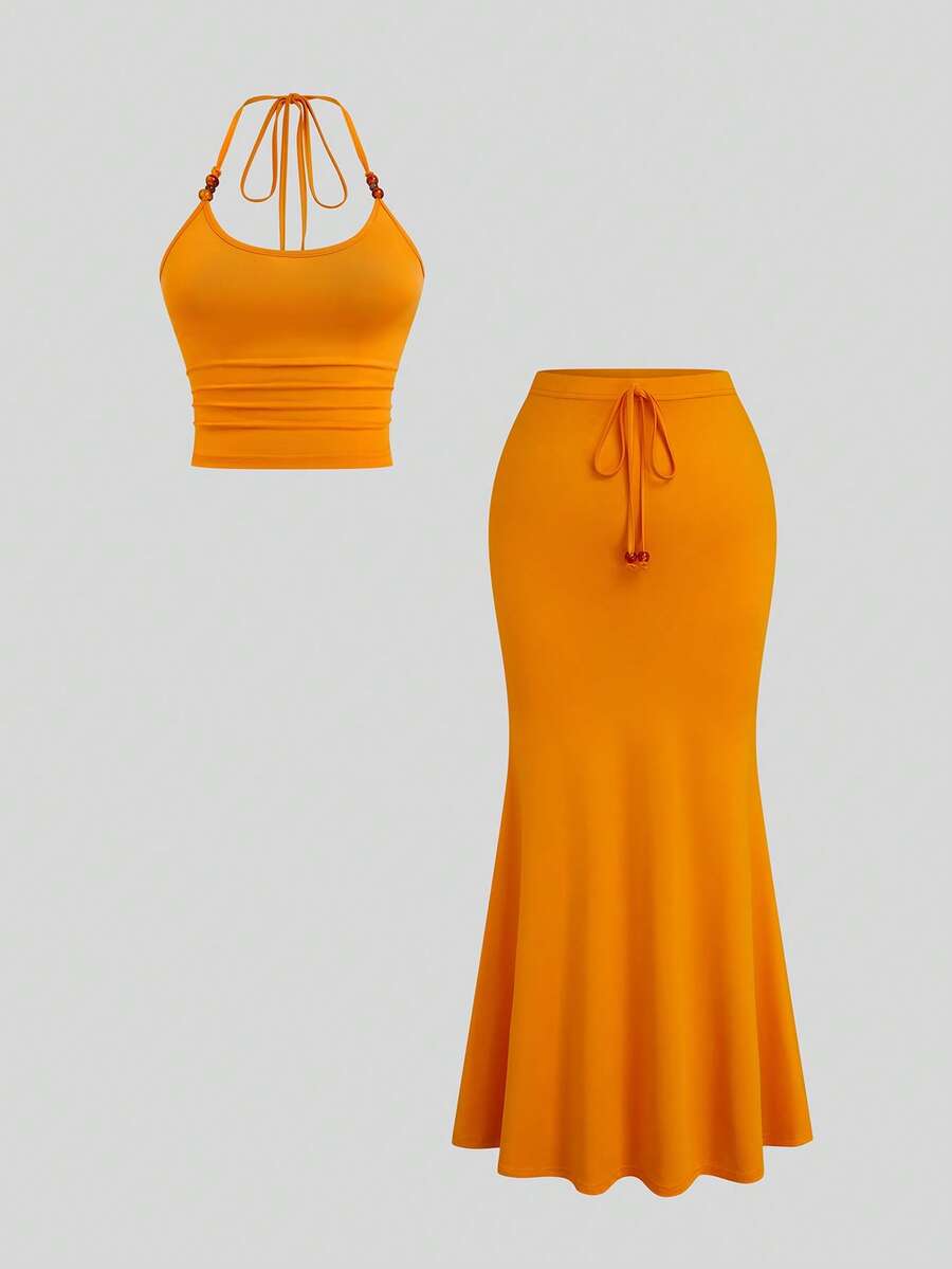 Sweetra Bộ đồ hai mảnh cỡ lớn kiểu dáng nghỉ dưỡng, dây mảnh, vạt đuôi cá, thích hợp cho mùa xuân/hè. - trái cam - Xem 1