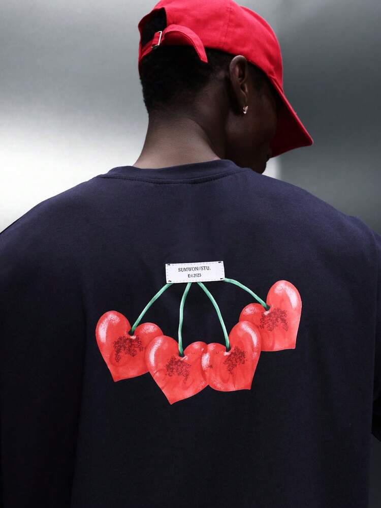 Boxy Fit Tee With Heart Cherry Print For Valentine's Day