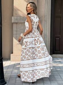 Breezaya Women's White And Brown Paisley Printed Maxi Dress,Boho Sleeveless V-Neck Fringe Rope A-Line Summer Vacation Holiday Dress,Vintage Elegant Beach Gown - Multicolor - View 2