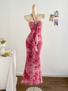 Soleia Đầm maxi ôm dáng dành cho nữ, in họa tiết hoa, phối bèo nhún, viền ren và trang trí hoa 3D bằng kim loại, thích hợp cho kỳ nghỉ. - Nhiều màu - Xem 5