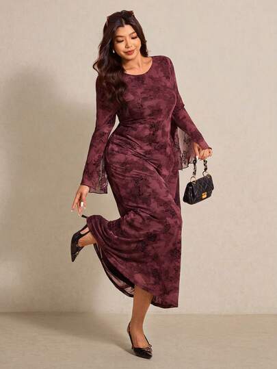Elaquor Plus Size Wine Red Full Print Round Neck Fitted Elegant Long Sleeve Dress Long Sleeve Long Dress Women Long Casual Wine Red Dress, Spring Outfit Women Spring Dress Women Fishtail Dress For Women Long Sleeve Maxi Dress Women Long Casual Dress