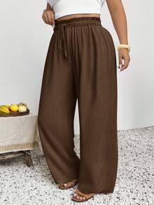 SHEIN Frenchy Plus Size Women Casual Ruffle Waist Tie Pants Fall - Rust Brown - View 4
