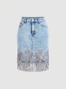 SHEIN MOD Women's Fringed Patchwork Denim Skirt For Casual Holidays, Cruise Women, School Skirt, Fall ,Homecoming Skirt, Birthday ,Back To School ,Women Vintage ,Old Money Style, Denim Skirt, Bachelorette Skirt, Casual Women Skirt - Light Wash - View 5