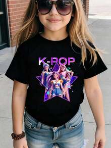 Maglietta casual versatile a maniche corte con stampa grafica K-Pop per ragazze pre-adolescenti - Bianco - Visualizzare 4