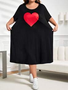 SHEIN CURVE+ CURVE PLUS /Valentine's Day/Plus Size Comfortable Stretchy Long Short Sleeve Black Casual Dress, Versatile For Summer