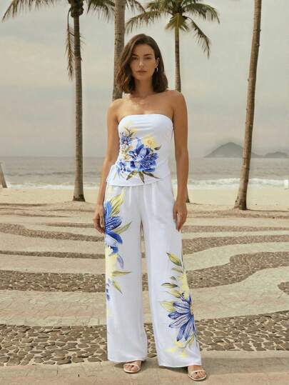 CAJUNI กางเกงผู้หญิงสีขาวทอหลวม, เอวสูงขากว้าง, พิมพ์ลายดอกไม้น้ำสีฟ้าและเหลือง, กางเกงขายาวสำหรับวันหยุดพักผ่อน, สไตล์โบฮีเมียนสำหรับชายหาด, วันหยุด, ปาร์ตี้ในสวนและทุกวัน, ฤดูร้อน, วันหยุดฤดูใบไม้ผลิ, วันวาเลนไทน์, ชายหาดสำหรับผู้หญิง, ผู้หญิงสำหรับวันหยุด, ชุดรีสอร์ท, วันหยุดฤดูร้อน, ฤดูใบไม้ผลิ, วันวาเลนไทน์, ชุดคาร์นิวัล, ชุด Fasching สำหรับผู้หญิง, ชายหาด, ผู้หญิงสำหรับวันหยุด, ผู้หญิงลำลอง, ปาร์ตี้