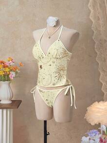 Bellisia Women's Summer Beach Sequin Patchwork Halter Tie Fashionable Tankini Swimsuit Set - Multicolor - View 3