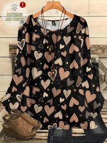 EMERY ROSE 大码女式休闲印花圆领宽松七分袖衬衫/情人节 - 彩色 - 查看 1