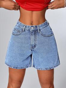 SHEIN PETITE Shorts vaqueros casuales y versátiles para ir al trabajo con bolsillos para mujer - Lavado ligero - Ver 4
