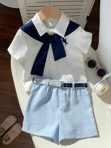 SHEIN 男宝宝夏季休闲可爱学院风蓝白条纹短袖衬衫、松紧腰短裤、披肩绅士套装，适合生日派对、锐舞派对、晚宴、演出、婚礼、迎婴派对、一周岁生日庆祝等场合。 - 彩色 - 查看 5